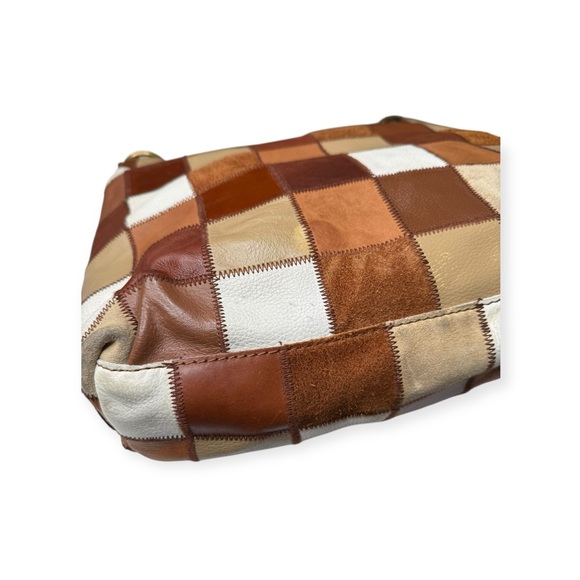 Lucky 𖣴 Ugly Betty Bag Patchwork Leather Suede Hobo Handbag 𖣴 Brown White 𖣴 TV - Picture 9 of 16